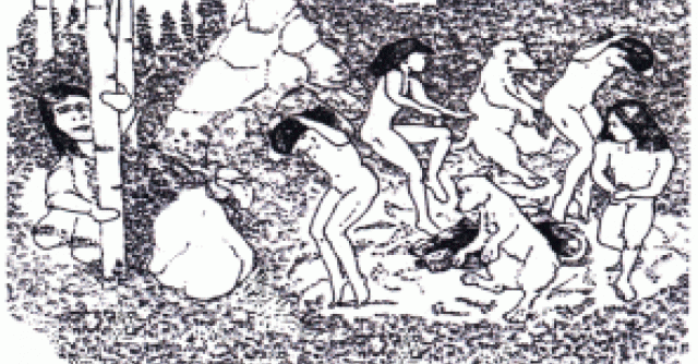 Illustration of the woman watching the puppies turn into children